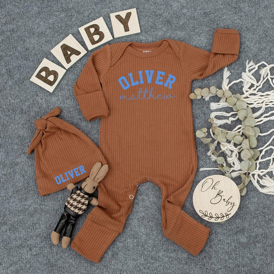 Baby Boy Coming Home Outfit Personalized Romper 'Oliver & Matthew' Blue Block & Script Font, Baby Shower Gift, Custom Name