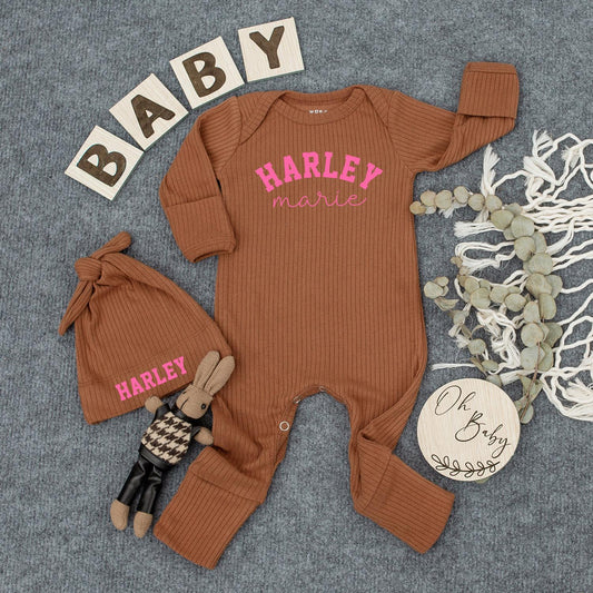 Personalized Baby Girl Coming Home Outfit Vintage Romper & Hat Custom First Middle Names Gender Neutral Newborn Gift
