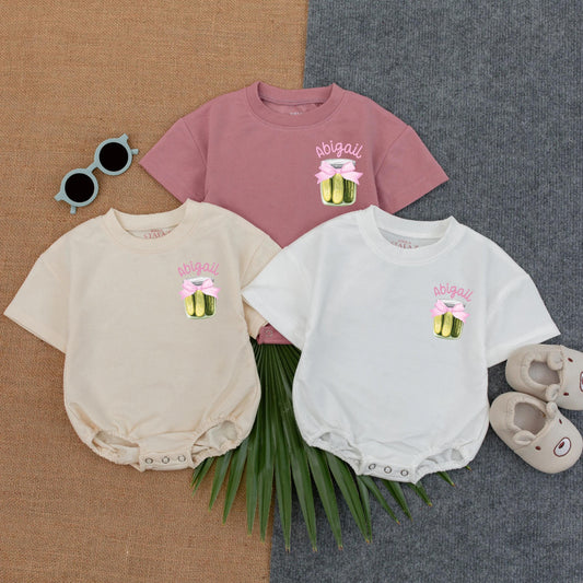 Personalized Baby Girl Pickle Jar Bubble Romper Outfit Cute Funny Toddler T-shirt Clothes Soft Cotton Infant Shower Gift