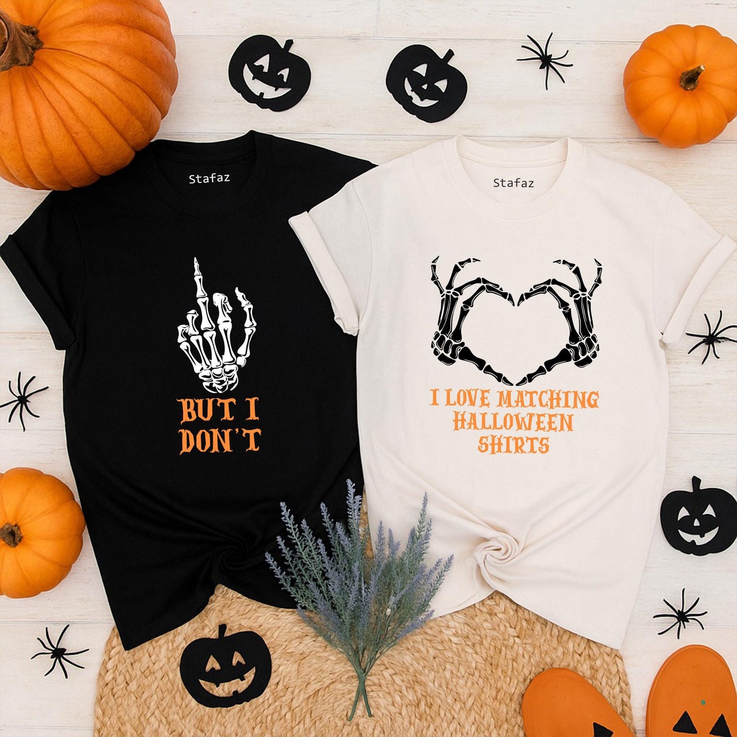 His Hers Halloween Skeleton Pumpkin Matching Couple Shirts for Spooky Season Fun