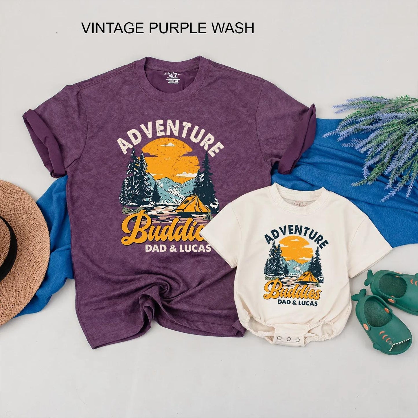 Adventure Buddies Matching Shirts for Dad and Baby Personalized Hiking Clothes, Mountain Travel Gift, Father and Son Camping Outfit, Outdoor Family Fun (139 chars)