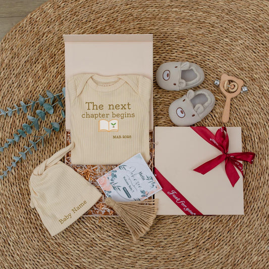 Personalized The Next Chapter Begins Baby Romper Coming Soon Outfit Gender Neutral Bodysuit Soft Newborn Gift Pregnancy Reveal Announcement