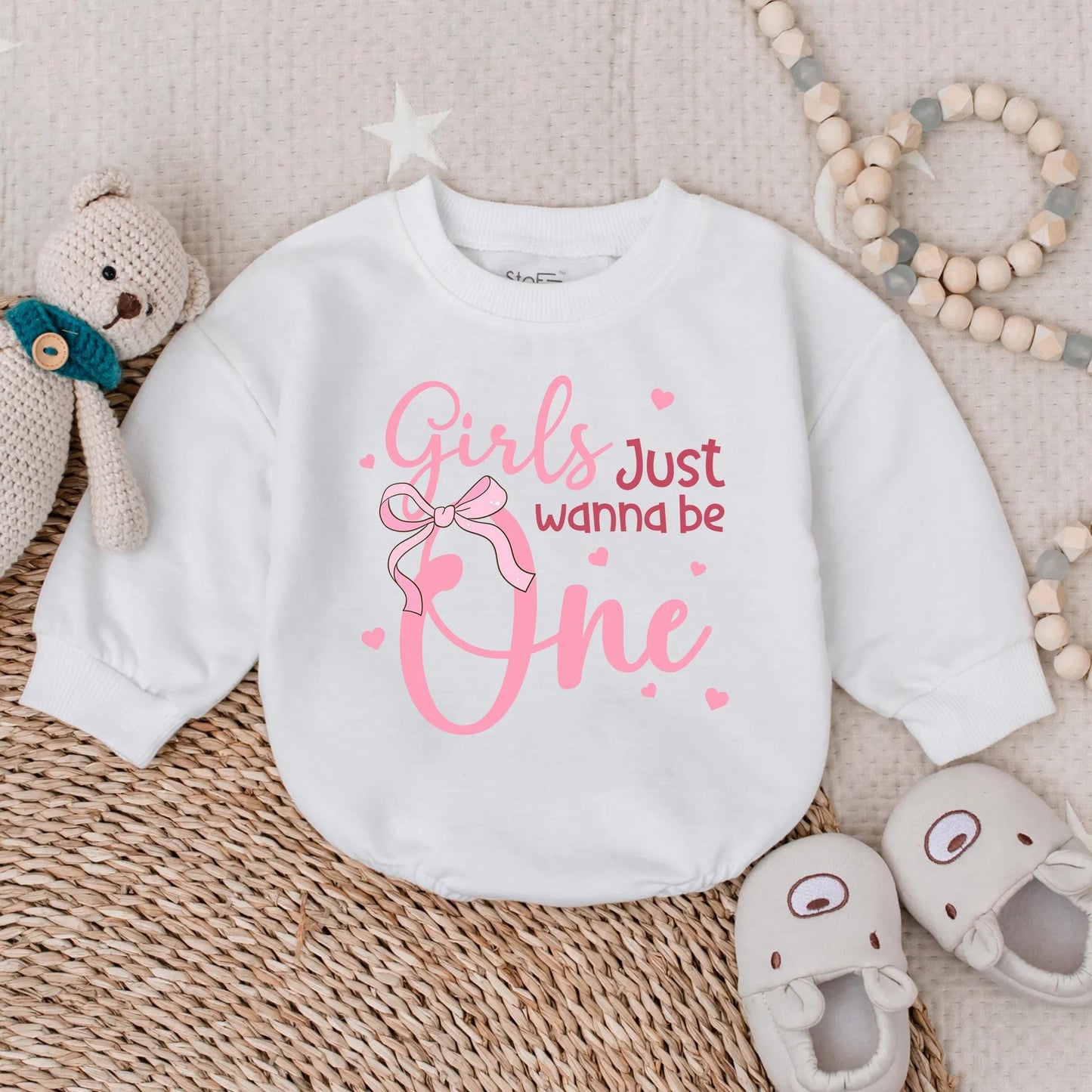 Girls Just Wanna Be One Pink Long Sleeve Bubble Romper Adorable First Birthday Baby Girl Outfit Toddler Party Clothes Sweet Baby Shower Gift