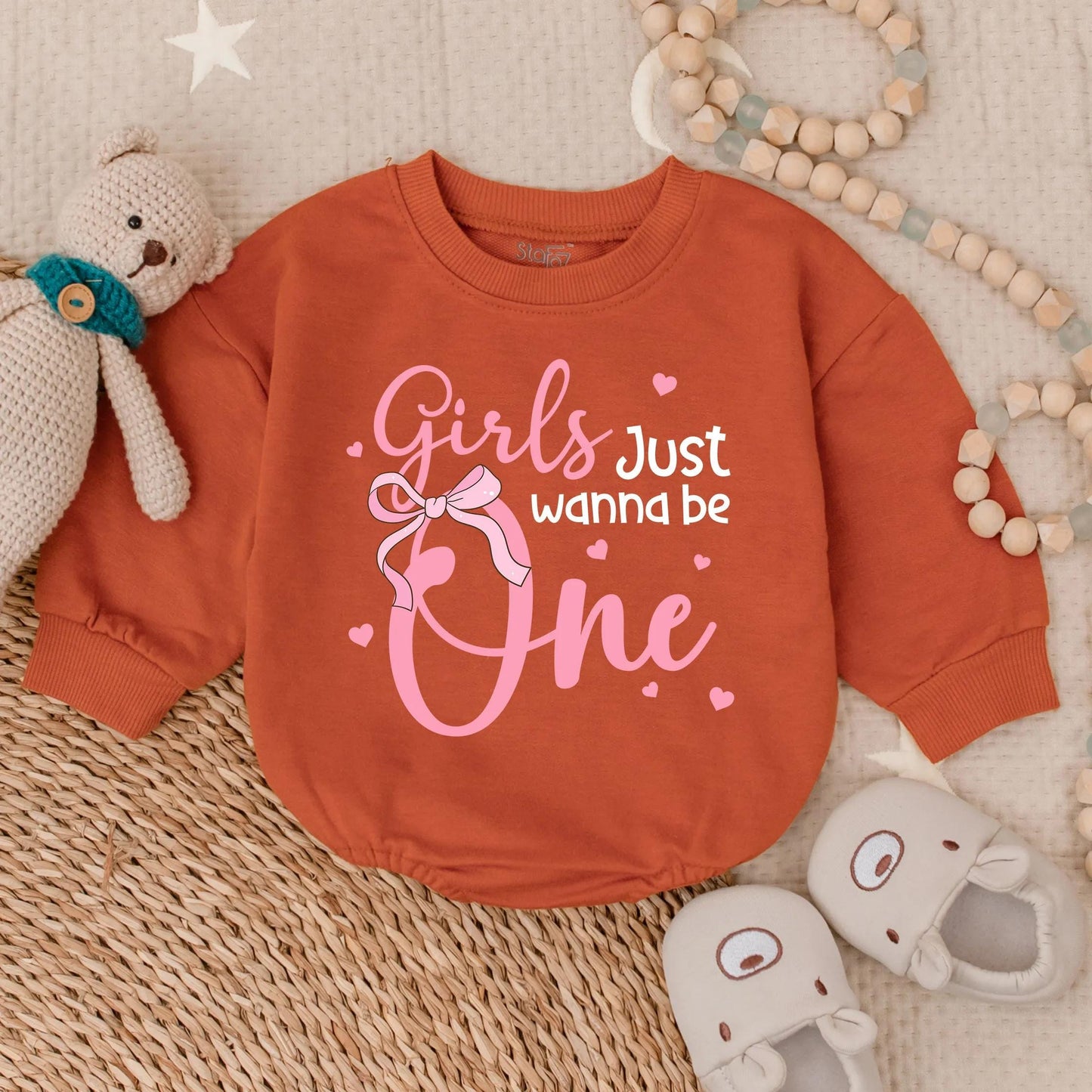 Girls Just Wanna Be One Pink Long Sleeve Bubble Romper Adorable First Birthday Baby Girl Outfit Toddler Party Clothes Sweet Baby Shower Gift