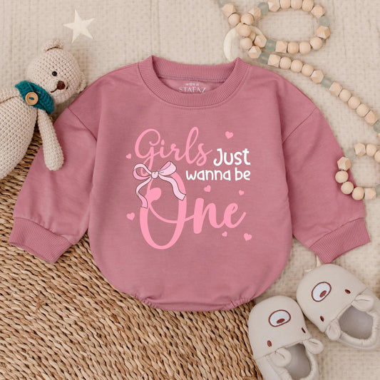 Girls Just Wanna Be One Pink Long Sleeve Bubble Romper Adorable First Birthday Baby Girl Outfit Toddler Party Clothes Sweet Baby Shower Gift