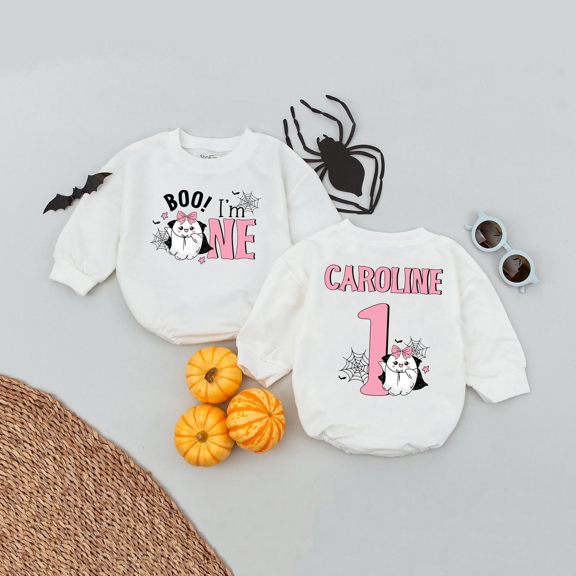 Boo! I'm ONE Baby Girl Halloween Romper, Personalized 1st Birthday Outfit, Cute Ghost Design, Pink Pastel Party Clothes