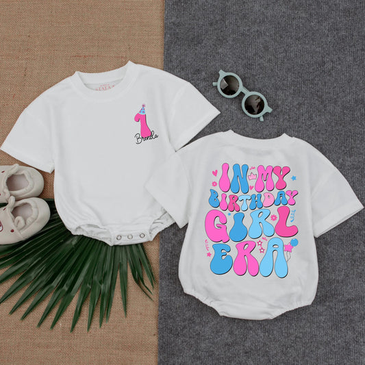 In My Birthday Girl Era Bubble Romper Custom Toddler First Birthday Outfit Baby Girl T-Shirt Personalized 1st Birthday Gift Celebration Style