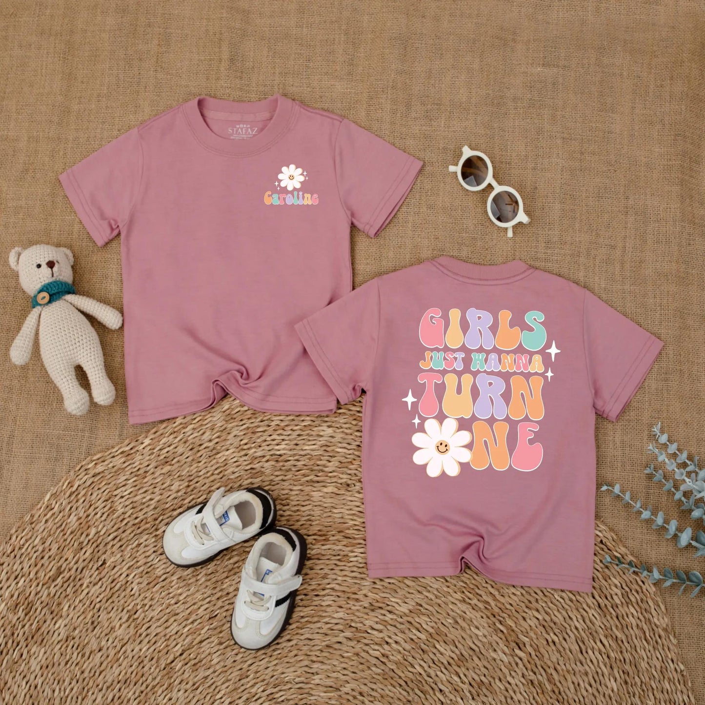 Personalized Girls Just Wanna Turn One Groovy Birthday Romper for Baby Girl First Birthday Outfit One Year Old Soft Daisy Bodysuit