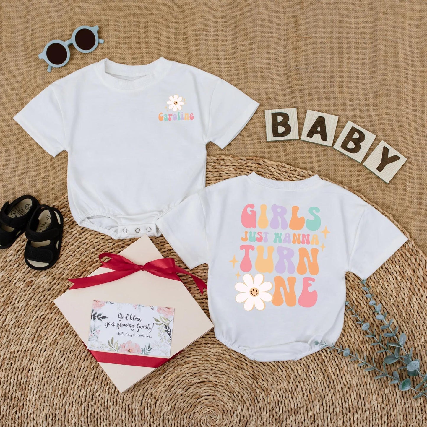 Personalized Girls Just Wanna Turn One Groovy Birthday Romper for Baby Girl First Birthday Outfit One Year Old Soft Daisy Bodysuit
