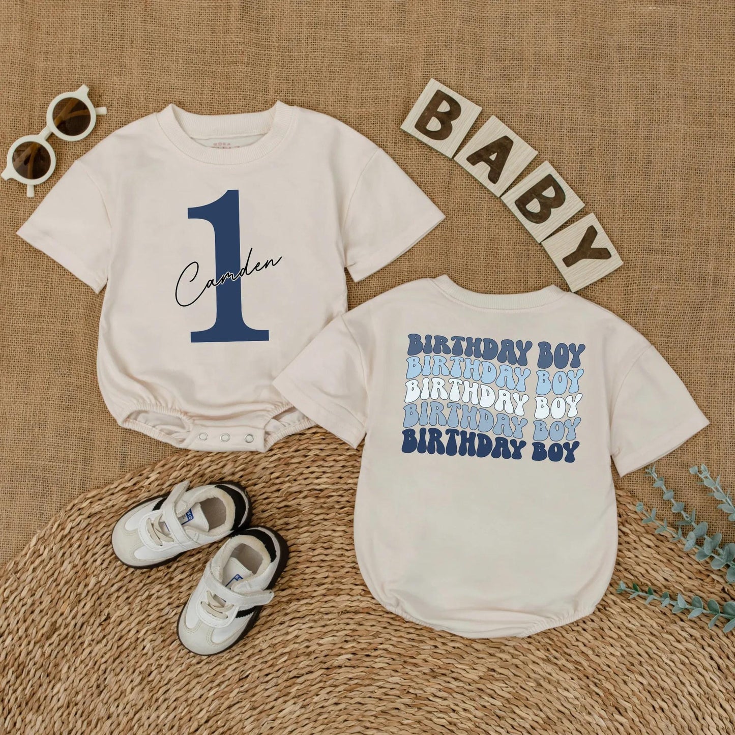 Caden 1st Birthday Boy Romper Blue Outfit with Number 1 and Cursive Name, Cake Smash Bodysuit Gift