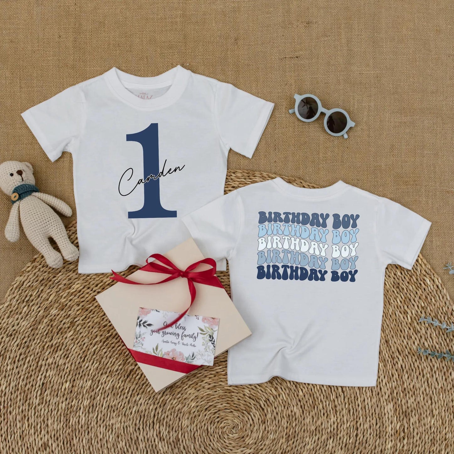 Caden 1st Birthday Boy Romper Blue Outfit with Number 1 and Cursive Name, Cake Smash Bodysuit Gift