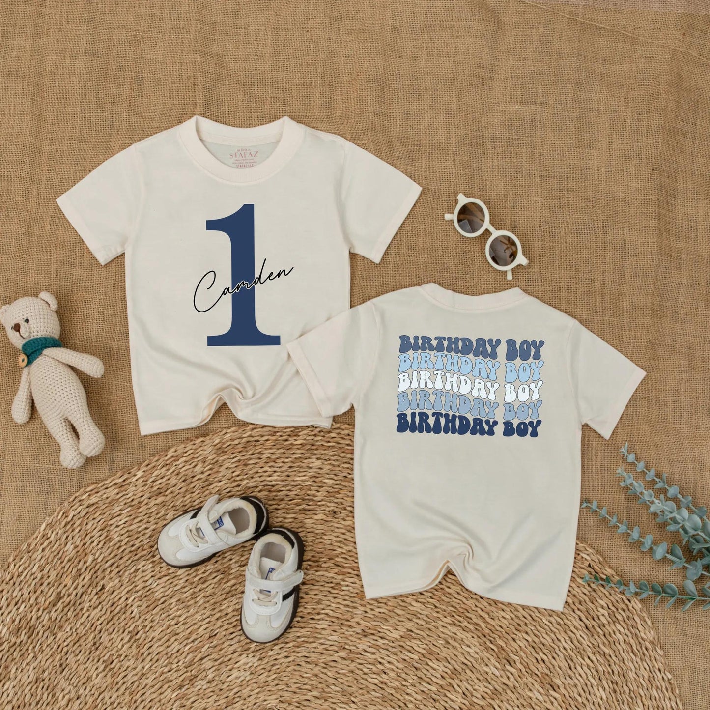 Caden 1st Birthday Boy Romper Blue Outfit with Number 1 and Cursive Name, Cake Smash Bodysuit Gift