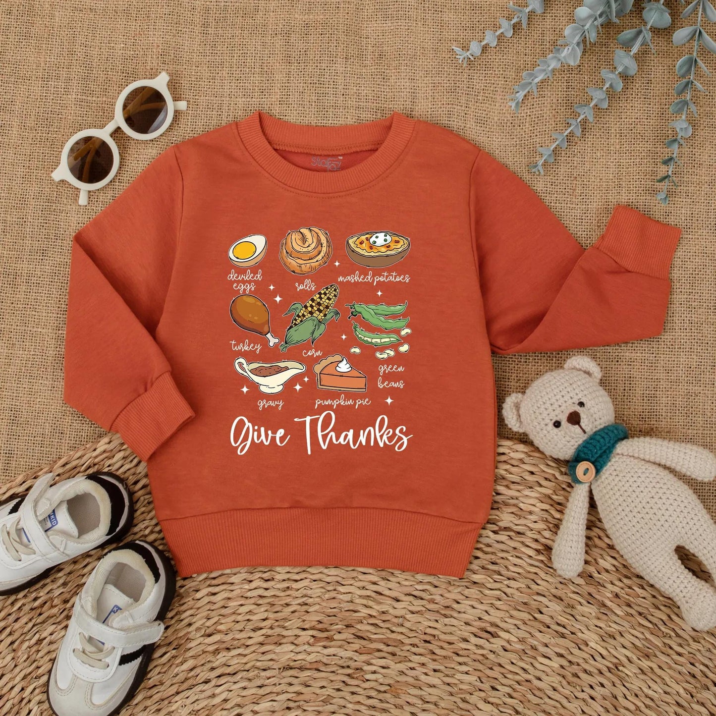 Cute Thanksgiving Baby Romper, Fall Food Bodysuit with Turkey Dinner Illustrations, 'Give Thanks' Newborn Outfit, First Thanksgiving Gift, Fall Baby Shower