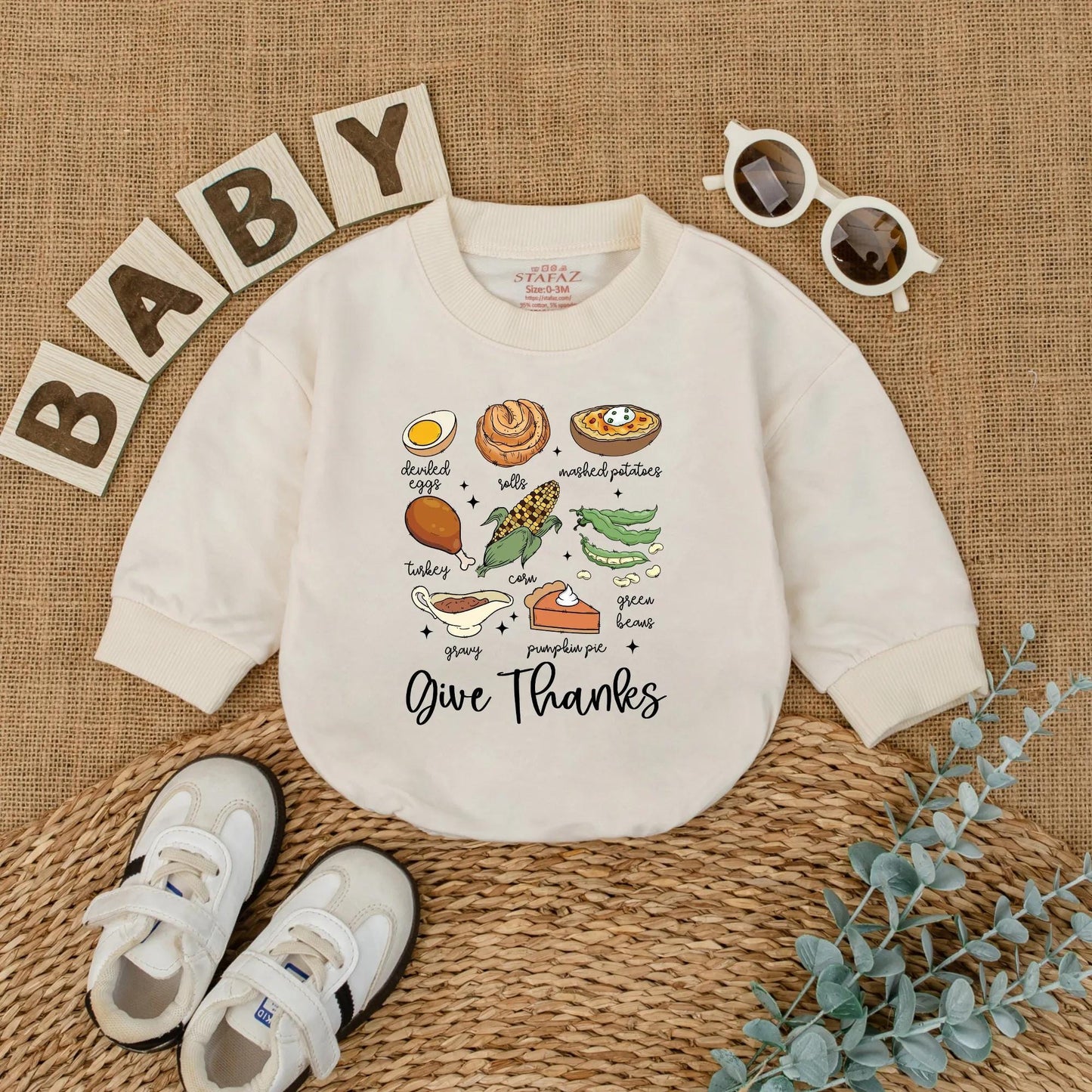Cute Thanksgiving Baby Romper, Fall Food Bodysuit with Turkey Dinner Illustrations, 'Give Thanks' Newborn Outfit, First Thanksgiving Gift, Fall Baby Shower
