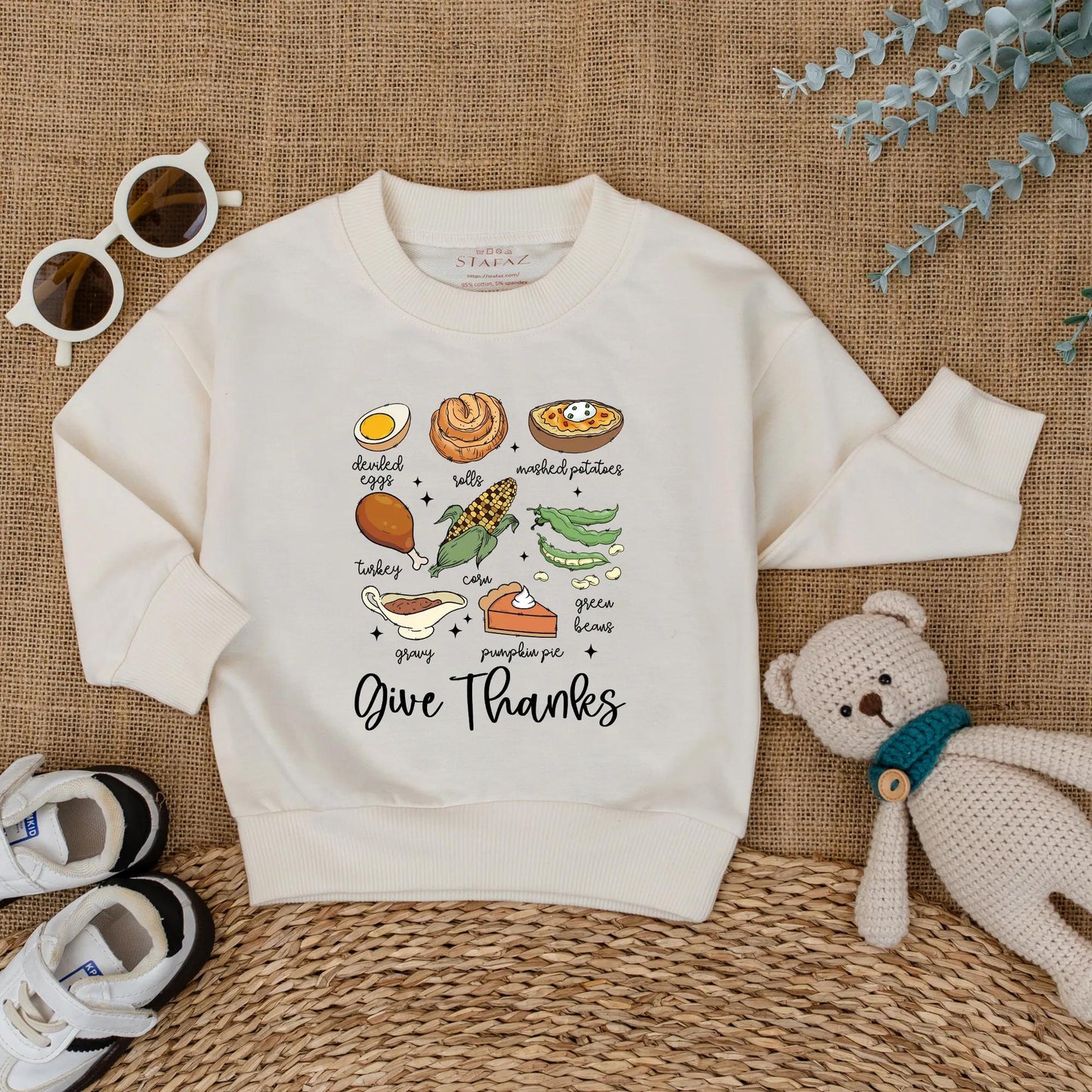 Cute Thanksgiving Baby Romper, Fall Food Bodysuit with Turkey Dinner Illustrations, 'Give Thanks' Newborn Outfit, First Thanksgiving Gift, Fall Baby Shower
