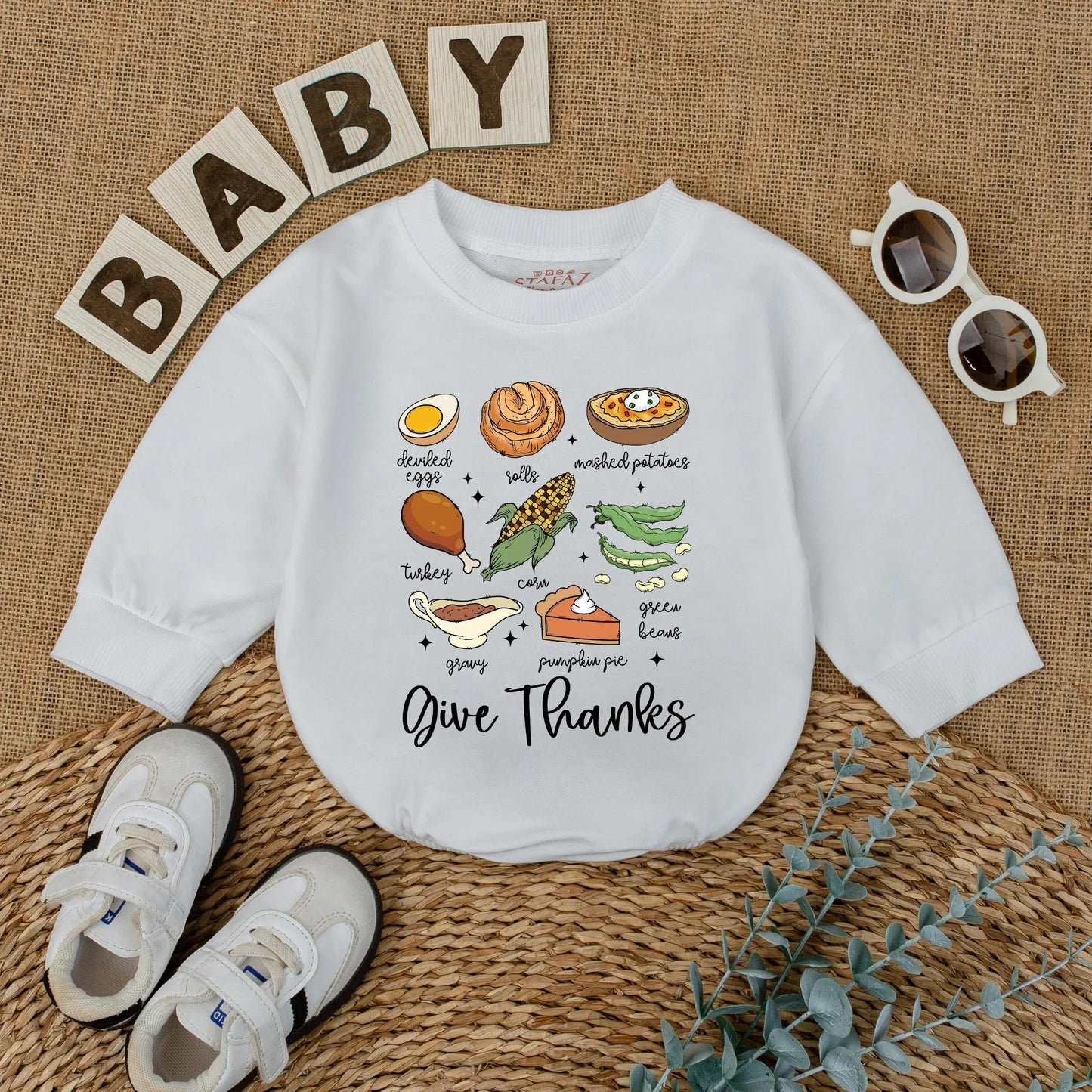 Cute Thanksgiving Baby Romper, Fall Food Bodysuit with Turkey Dinner Illustrations, 'Give Thanks' Newborn Outfit, First Thanksgiving Gift, Fall Baby Shower