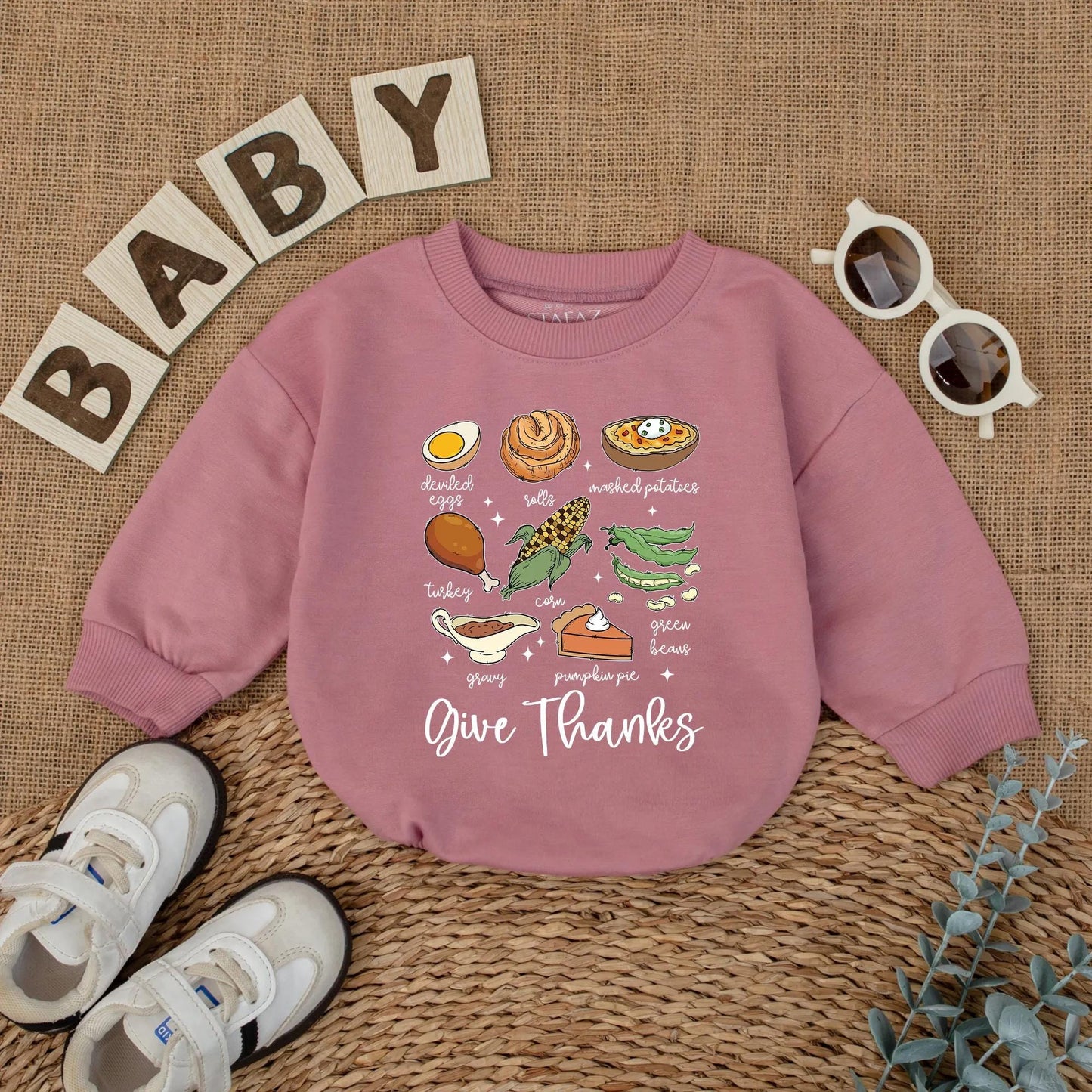 Cute Thanksgiving Baby Romper, Fall Food Bodysuit with Turkey Dinner Illustrations, 'Give Thanks' Newborn Outfit, First Thanksgiving Gift, Fall Baby Shower