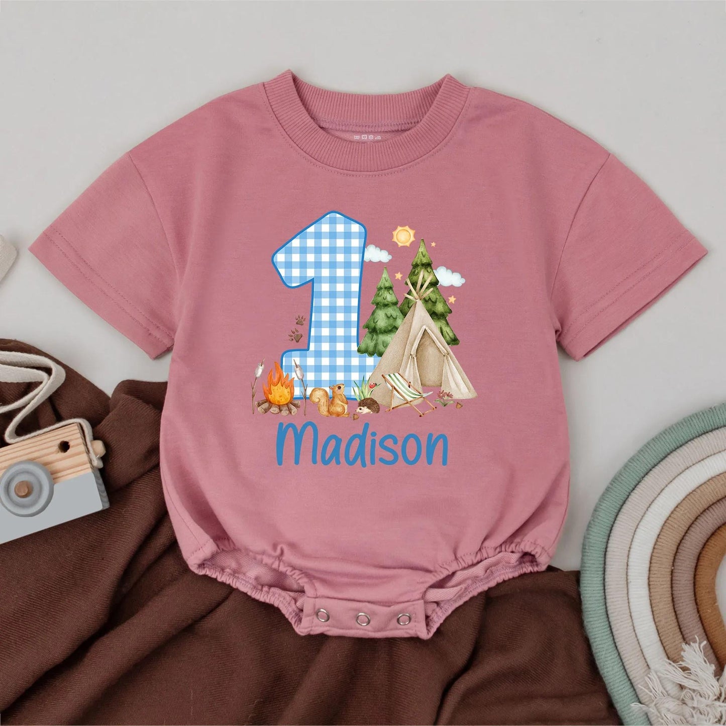 Woodland Camping Adventure First Birthday Romper Personalized Name Toddler Boy Girl Outfit Adorable Baby Clothes