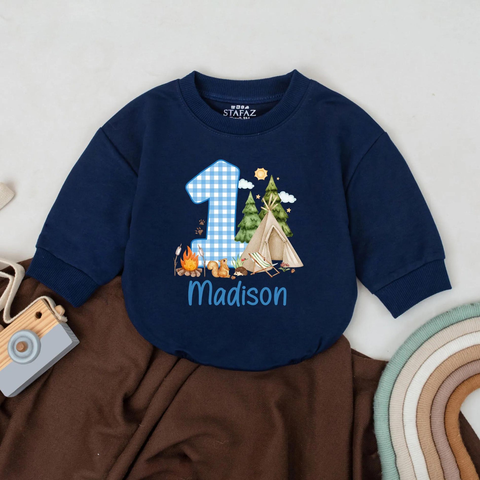 Woodland Camping Adventure First Birthday Romper Personalized Name Toddler Boy Girl Outfit Adorable Baby Clothes