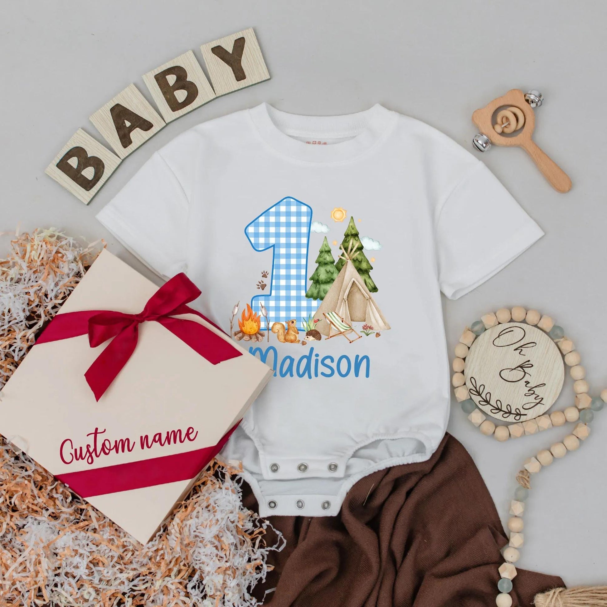 Woodland Camping Adventure First Birthday Romper Personalized Name Toddler Boy Girl Outfit Adorable Baby Clothes