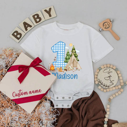 Woodland Camping Adventure First Birthday Romper Personalized Name Toddler Boy Girl Outfit Adorable Baby Clothes