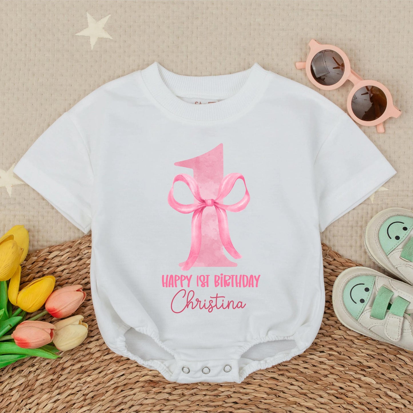 Custom First Birthday Girl Romper with Bow Baby Girl Bubble Outfit Personalized 1st Birthday Gift Short Sleeve Cotton Comfortable Party Outfit