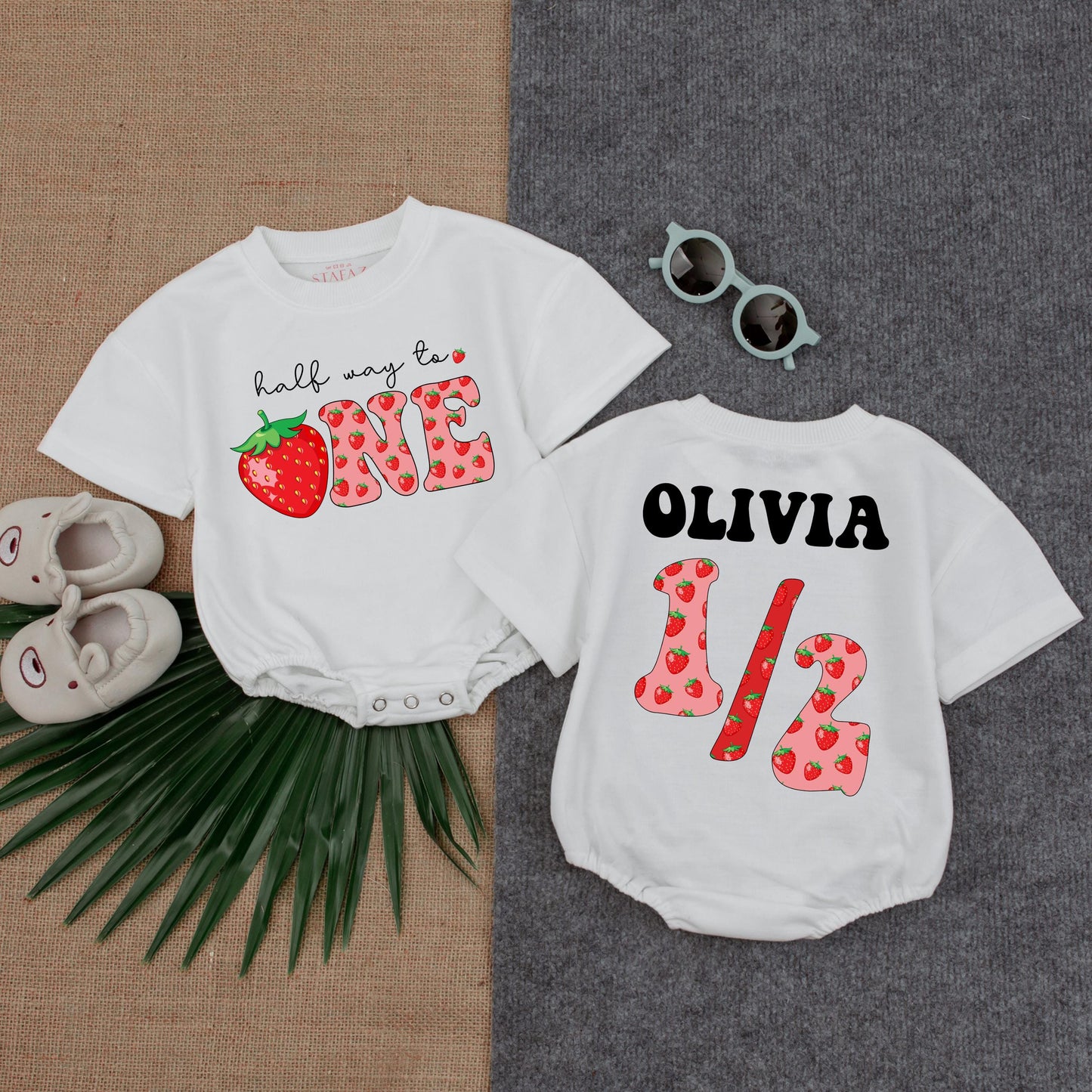 Custom Name Strawberry Half Birthday Bubble Romper for Baby Girls Adorable Summer Outfit Thoughtful Toddler Gift
