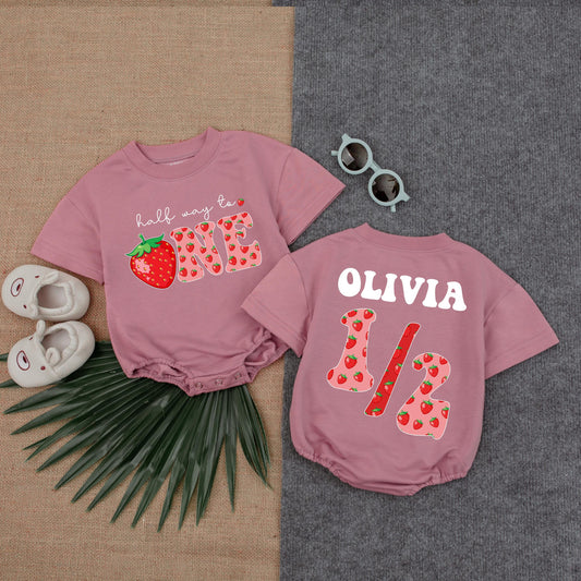 Custom Name Strawberry Half Birthday Bubble Romper for Baby Girls Adorable Summer Outfit Thoughtful Toddler Gift