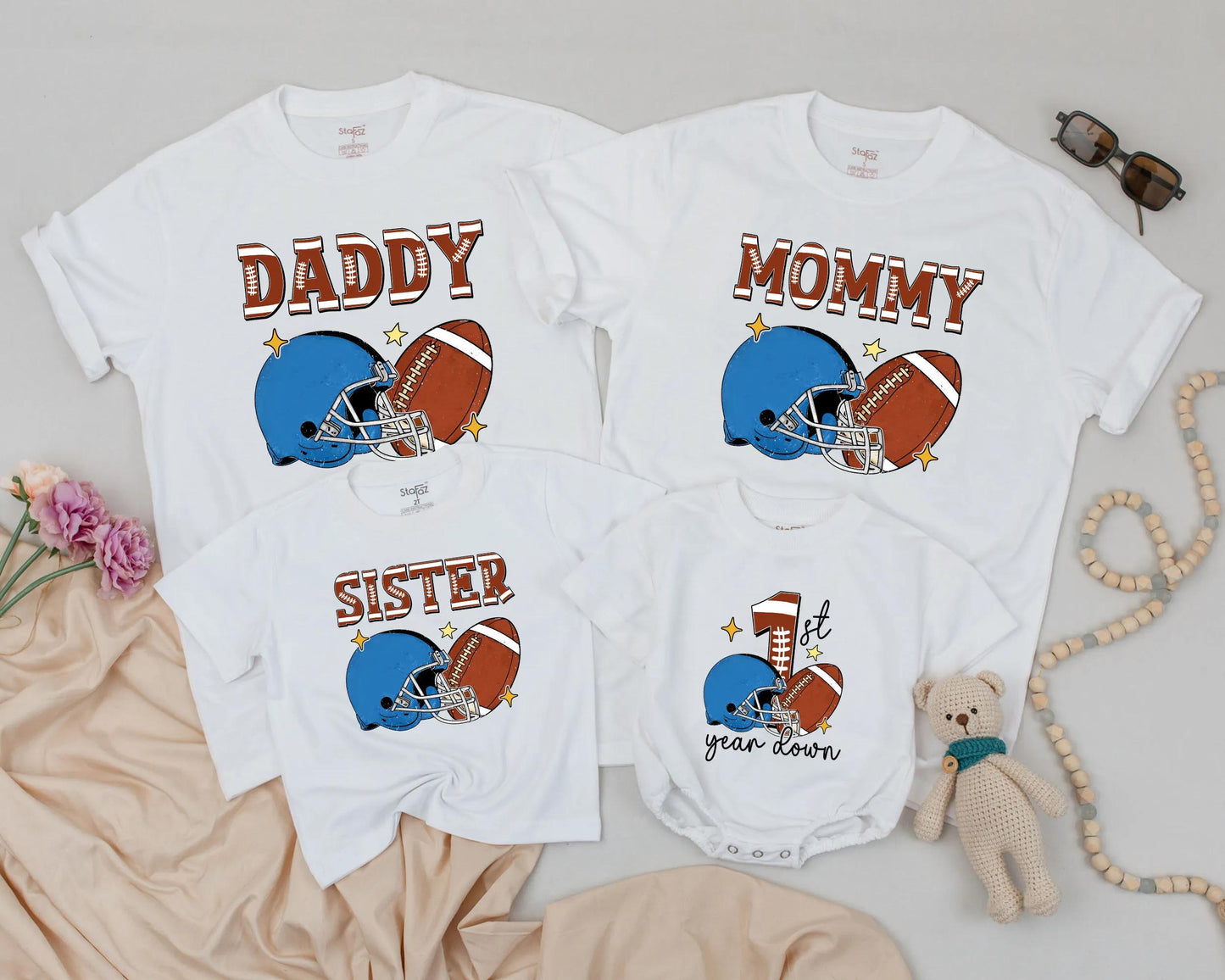 1st Year Down Football Family Matching Shirts, Personalized Birthday Outfit, Game Day Tee, One Year Old, Sports Theme, Comfy Cotton, Mommy & Me