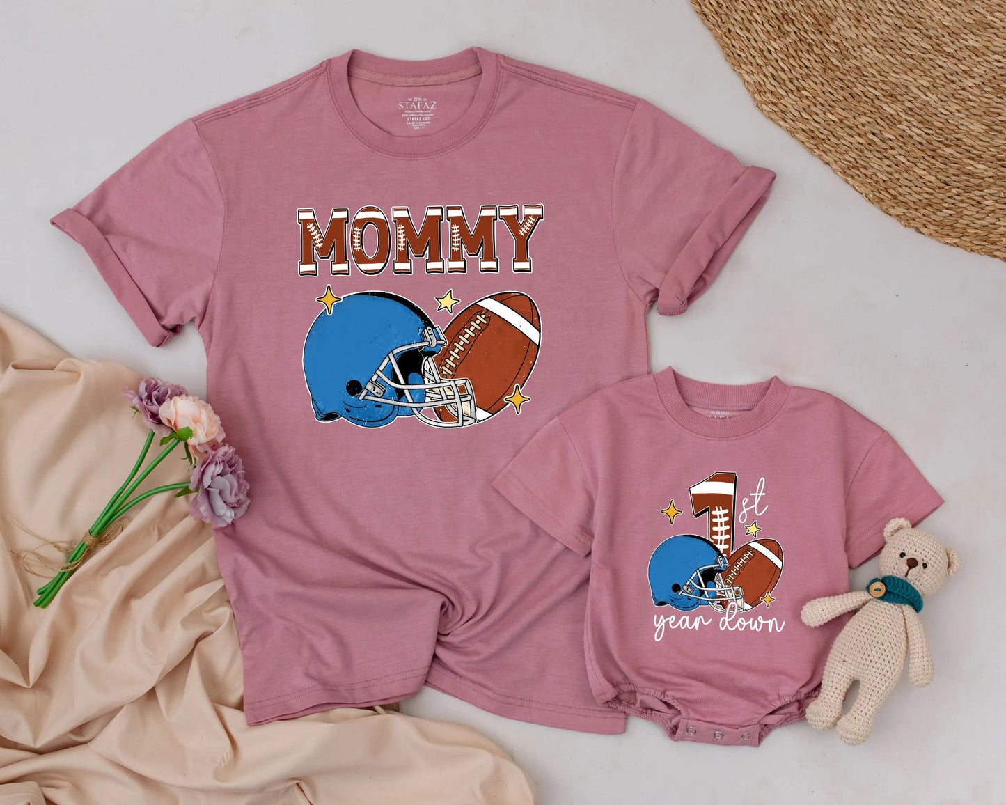 1st Year Down Football Family Matching Shirts, Personalized Birthday Outfit, Game Day Tee, One Year Old, Sports Theme, Comfy Cotton, Mommy & Me