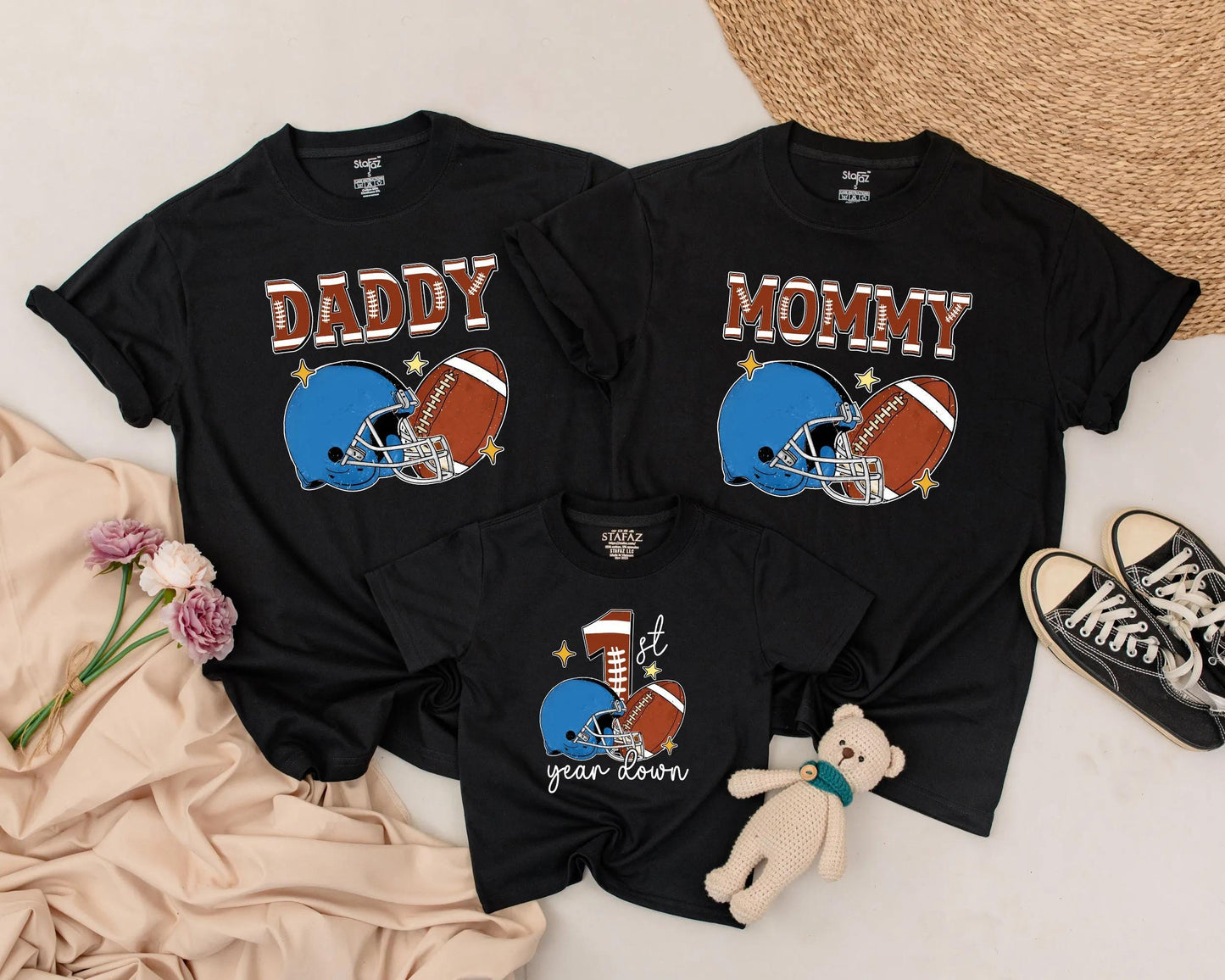 1st Year Down Football Family Matching Shirts, Personalized Birthday Outfit, Game Day Tee, One Year Old, Sports Theme, Comfy Cotton, Mommy & Me