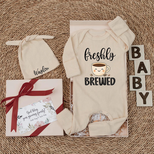 Freshly Brewed Baby Bodysuit - Funny Coffee Cup Design for Newborns & Baby Shower Gift, Cute Coffee Lover Outfit