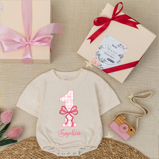 Personalized Pink Bow First Birthday Baby Romper - Custom Name Bubble Romper for Baby Girl, Adorable Outfit Gift
