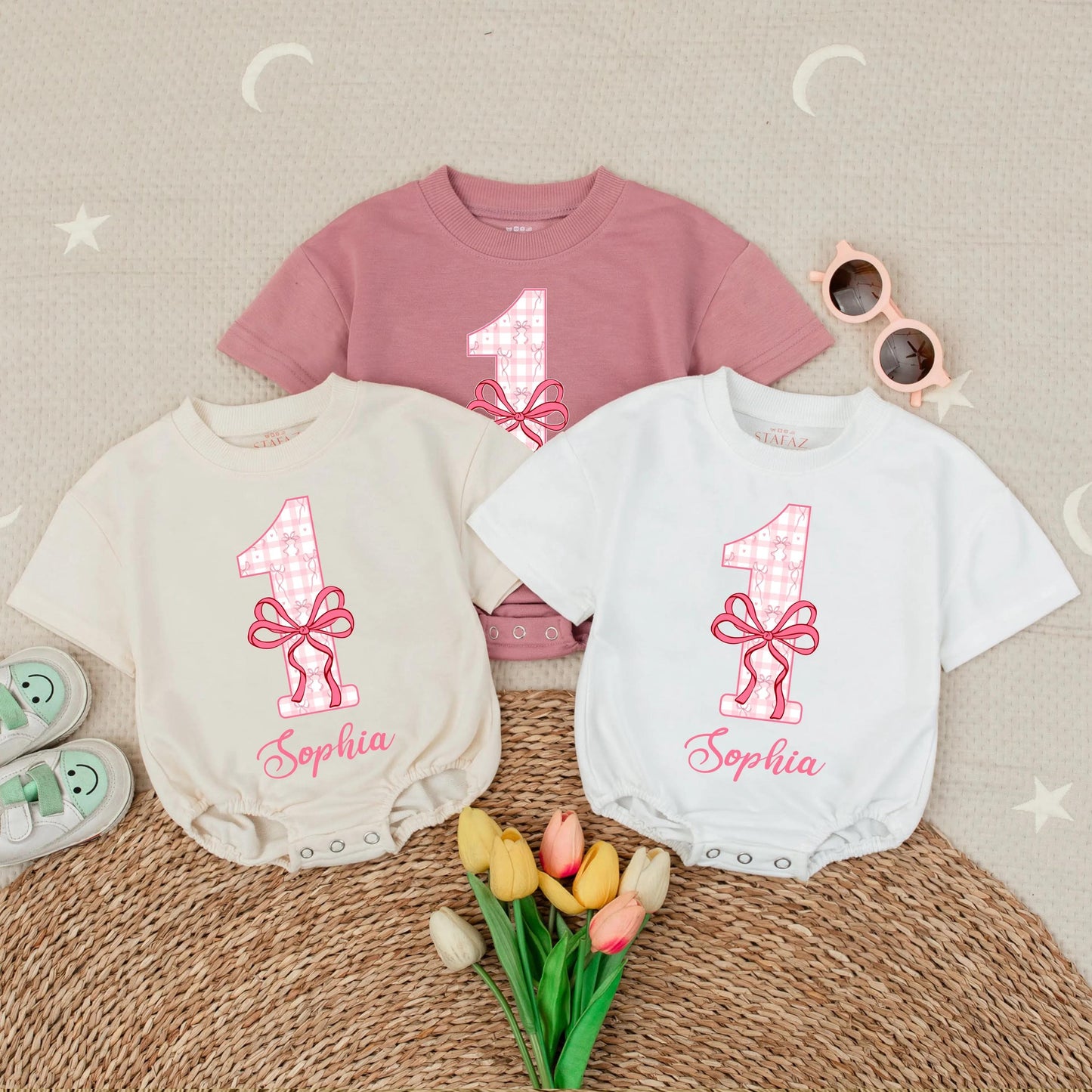Personalized Pink Bow First Birthday Baby Romper - Custom Name Bubble Romper for Baby Girl, Adorable Outfit Gift