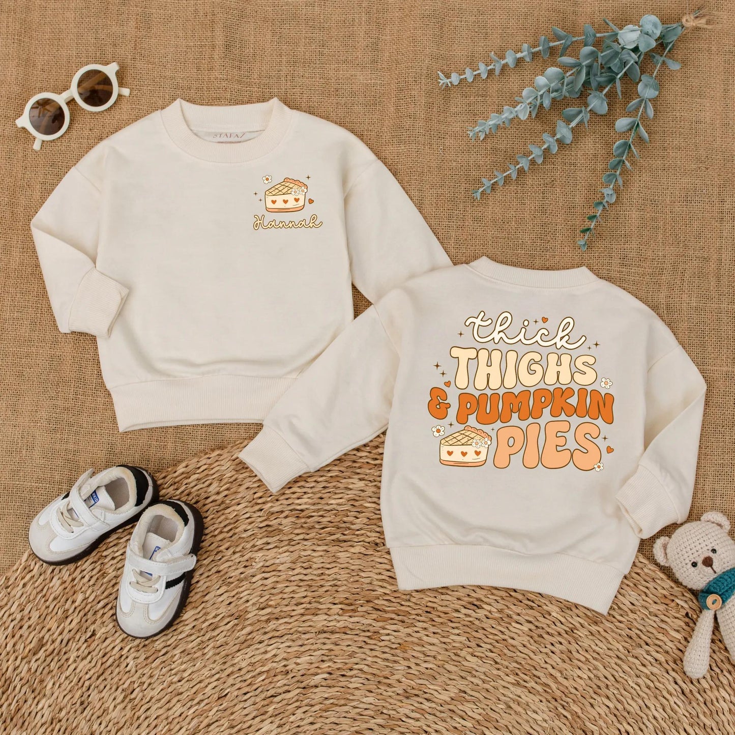 Baby Girl Thick Thighs & Pumpkin Pies Romper Custom Fall Bodysuit Thanksgiving Outfit Gift First Thanksgiving Bubble Romper