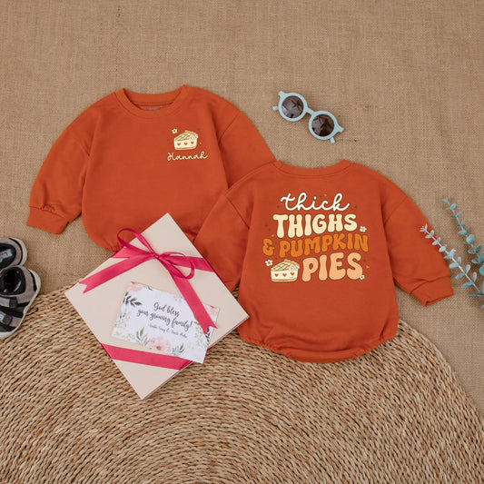 Baby Girl Thick Thighs & Pumpkin Pies Romper Custom Fall Bodysuit Thanksgiving Outfit Gift First Thanksgiving Bubble Romper