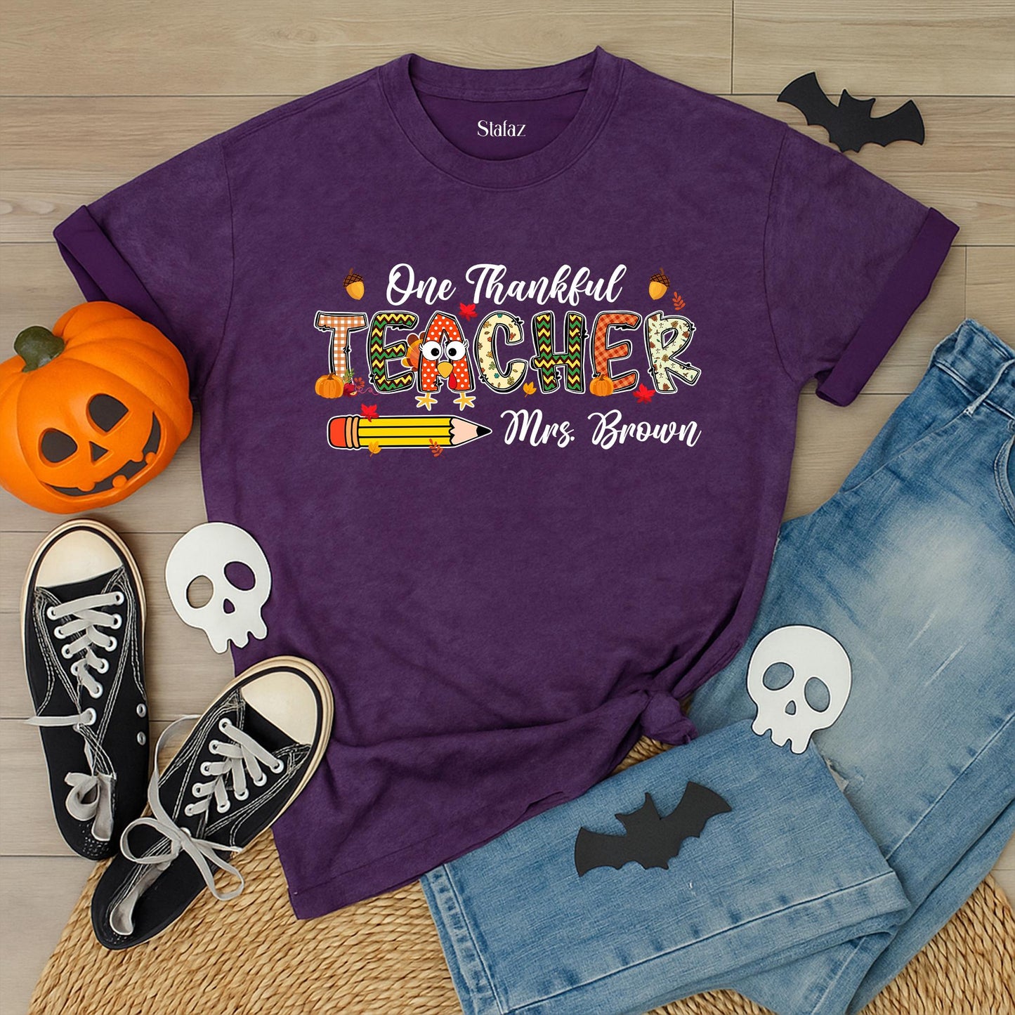 One Thankful Teacher Shirt Personalized Fall Thanksgiving Custom Name Autumn Tee Gift For Teacher