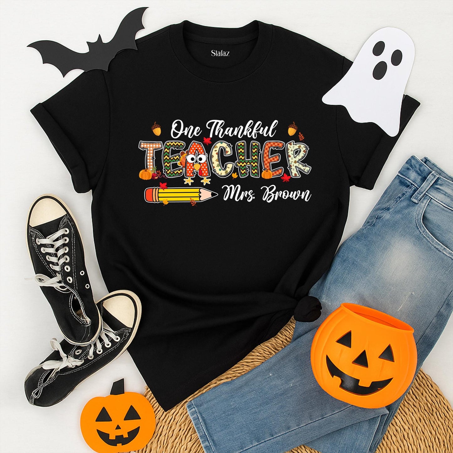 One Thankful Teacher Shirt Personalized Fall Thanksgiving Custom Name Autumn Tee Gift For Teacher