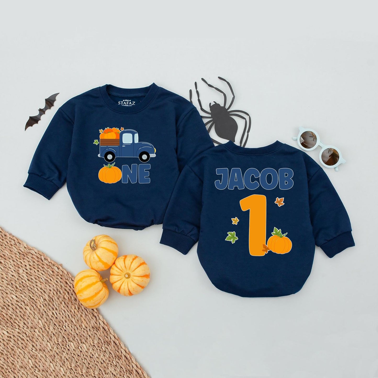 Personalized Pumpkin Truck 1st Birthday Romper, Custom Name One Year Old Outfit, Fall Bday Boy Clothes, Navy Orange First Birthday, Festive Autumn