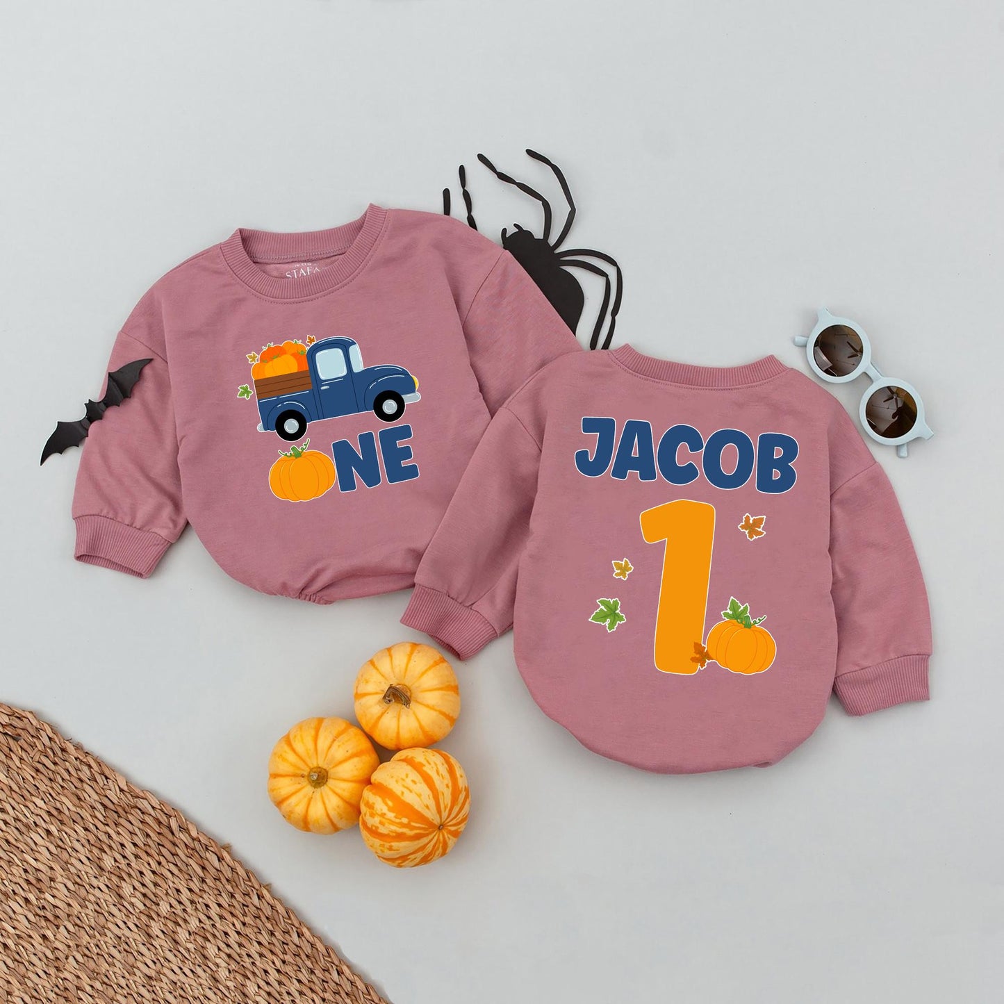 Personalized Pumpkin Truck 1st Birthday Romper, Custom Name One Year Old Outfit, Fall Bday Boy Clothes, Navy Orange First Birthday, Festive Autumn