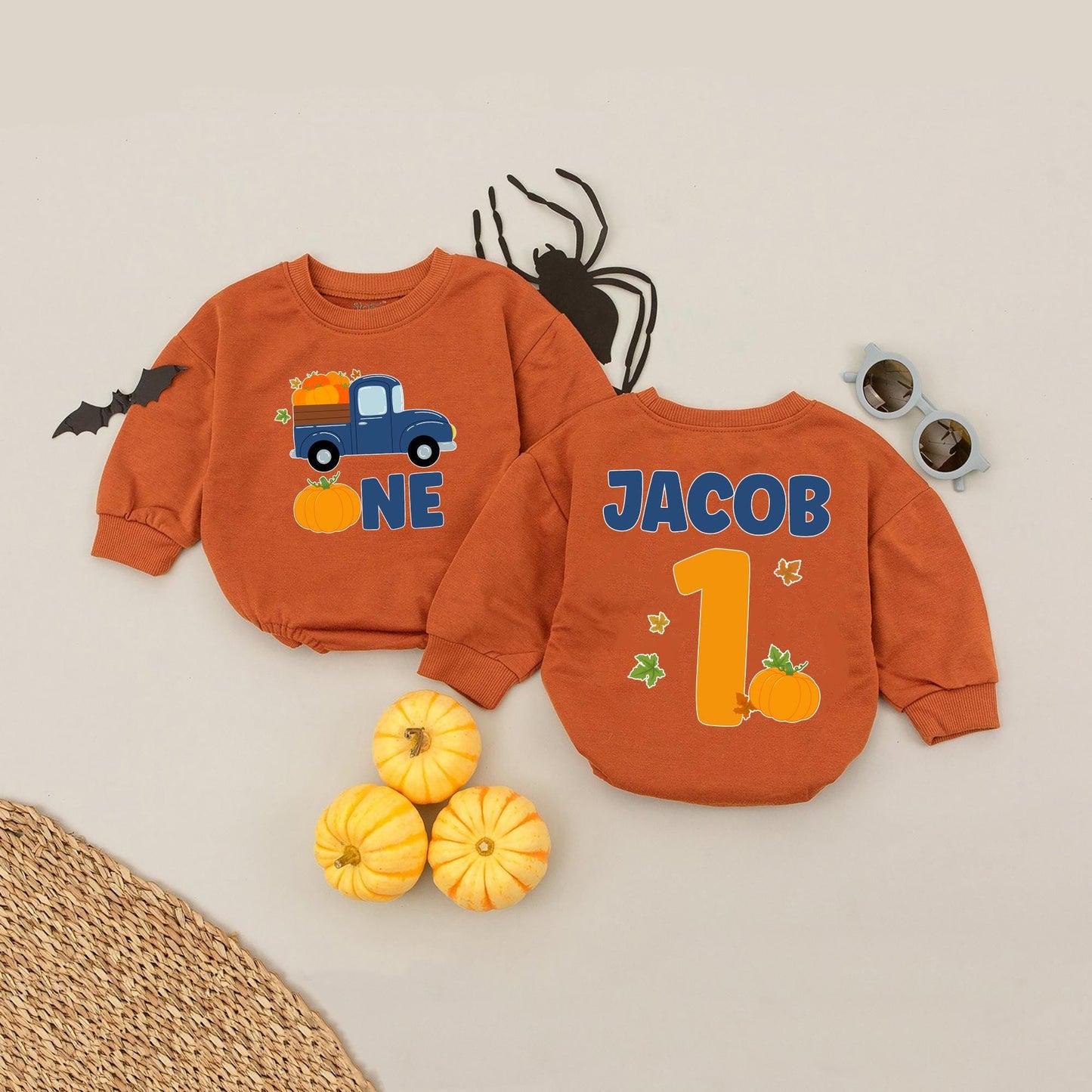 Personalized Pumpkin Truck 1st Birthday Romper, Custom Name One Year Old Outfit, Fall Bday Boy Clothes, Navy Orange First Birthday, Festive Autumn