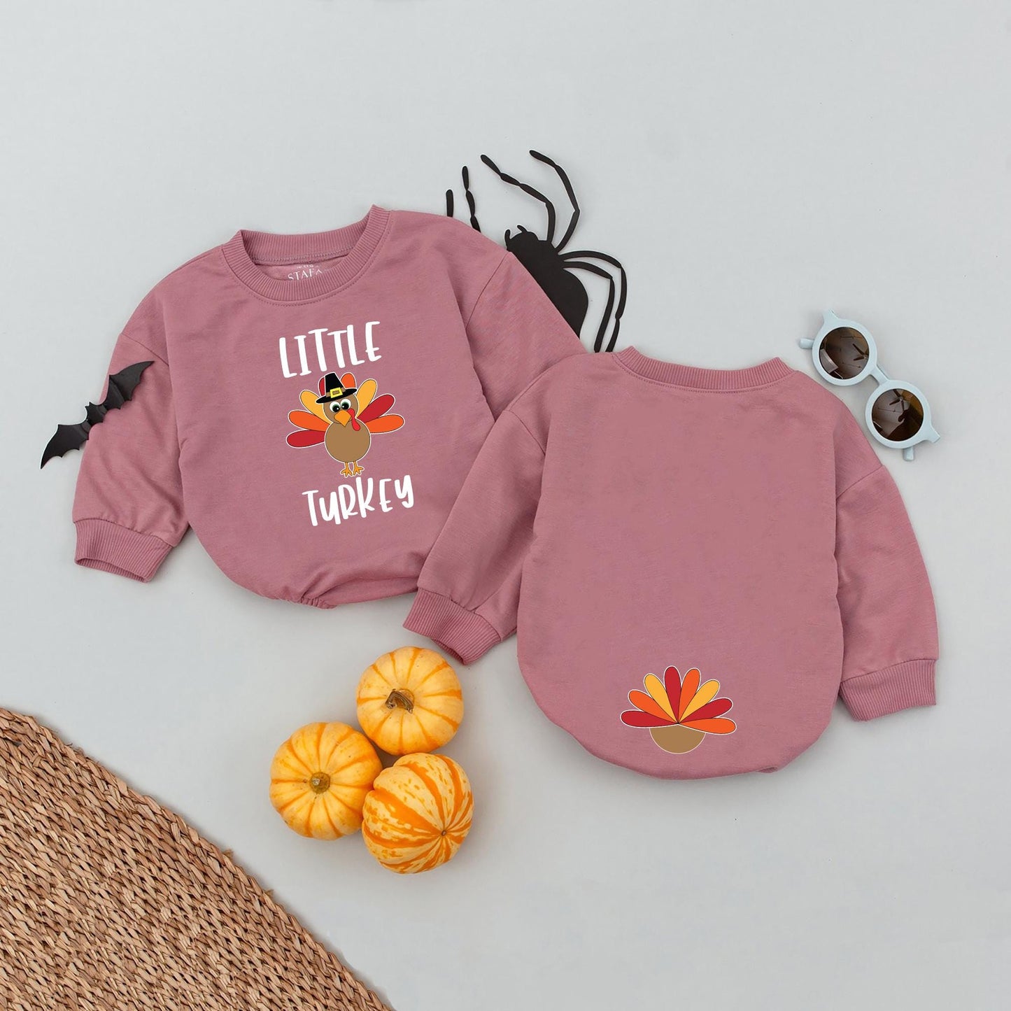 Little Turkey Baby Thanksgiving Romper with Pilgrim Hat Graphic First Fall Outfit Infant Bodysuit Turkey Tail Feathers Red Orange Yellow Design