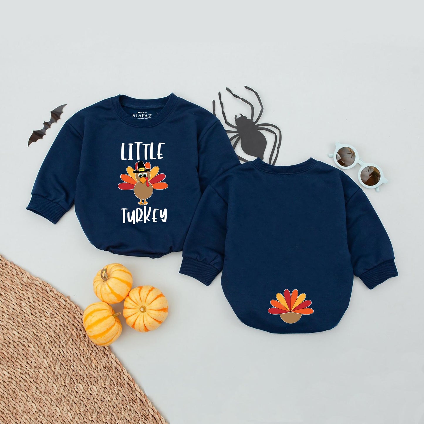 Little Turkey Baby Thanksgiving Romper with Pilgrim Hat Graphic First Fall Outfit Infant Bodysuit Turkey Tail Feathers Red Orange Yellow Design