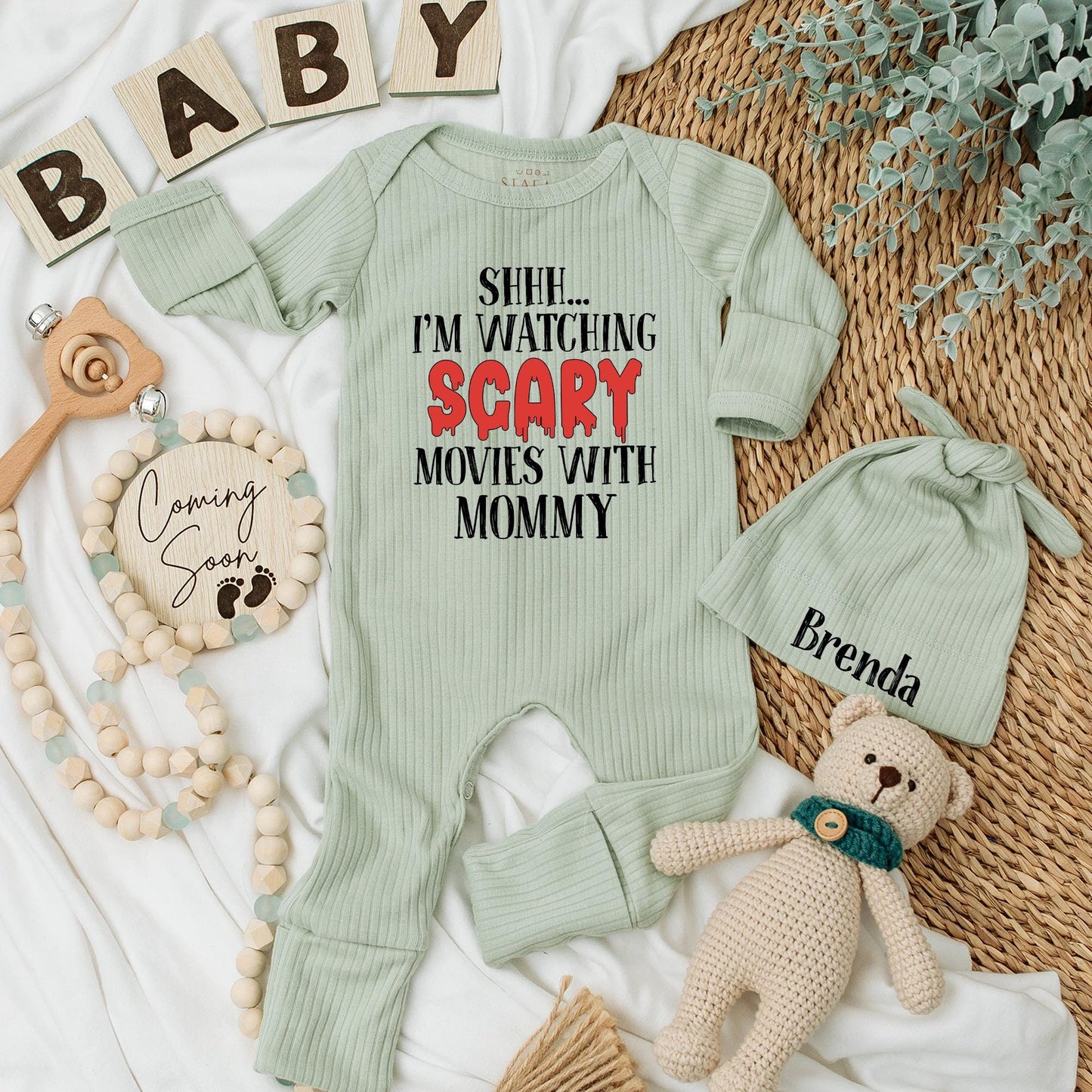 Shhh... Watching Scary Movies With Mommy Baby Bodysuit, Funny Halloween Outfit for Baby Boy or Girl, Cute Newborn Shower Gift