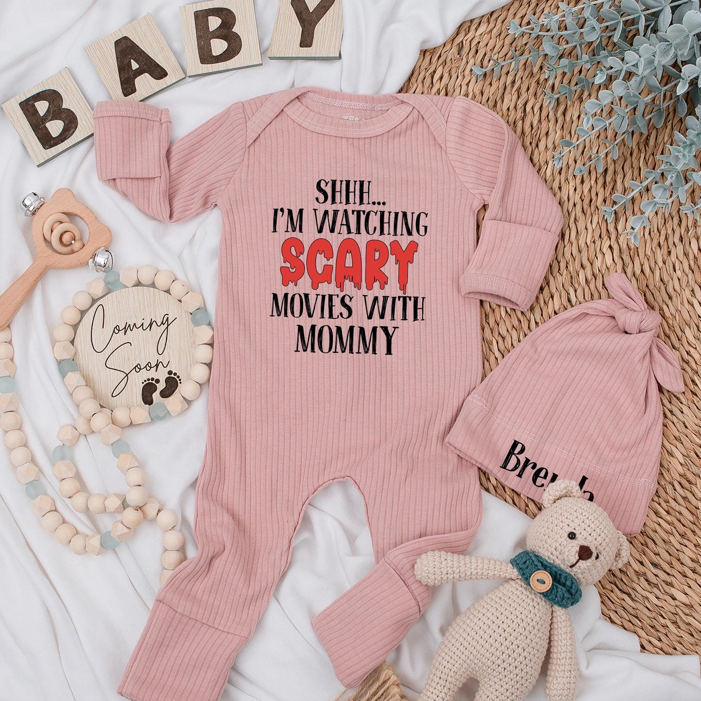Shhh... Watching Scary Movies With Mommy Baby Bodysuit, Funny Halloween Outfit for Baby Boy or Girl, Cute Newborn Shower Gift