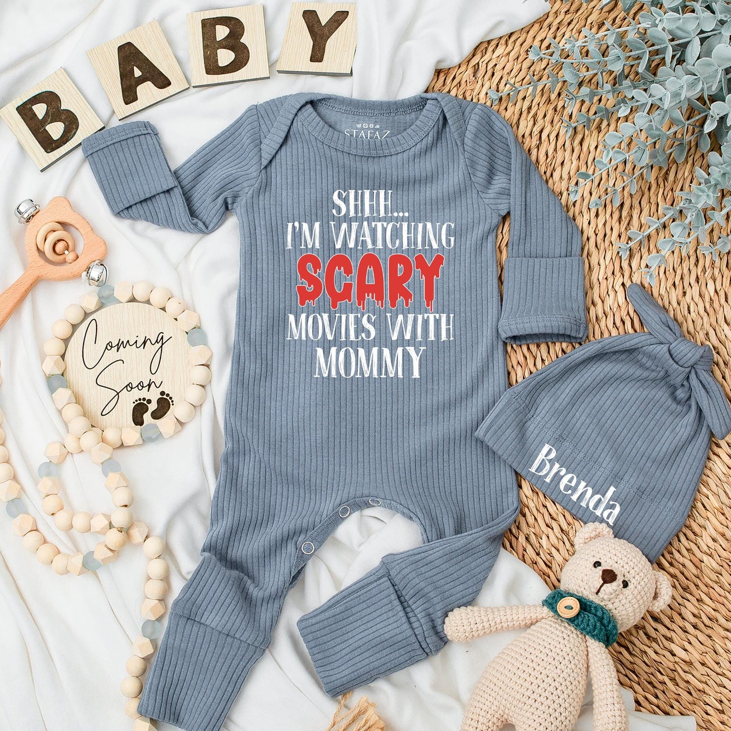 Shhh... Watching Scary Movies With Mommy Baby Bodysuit, Funny Halloween Outfit for Baby Boy or Girl, Cute Newborn Shower Gift