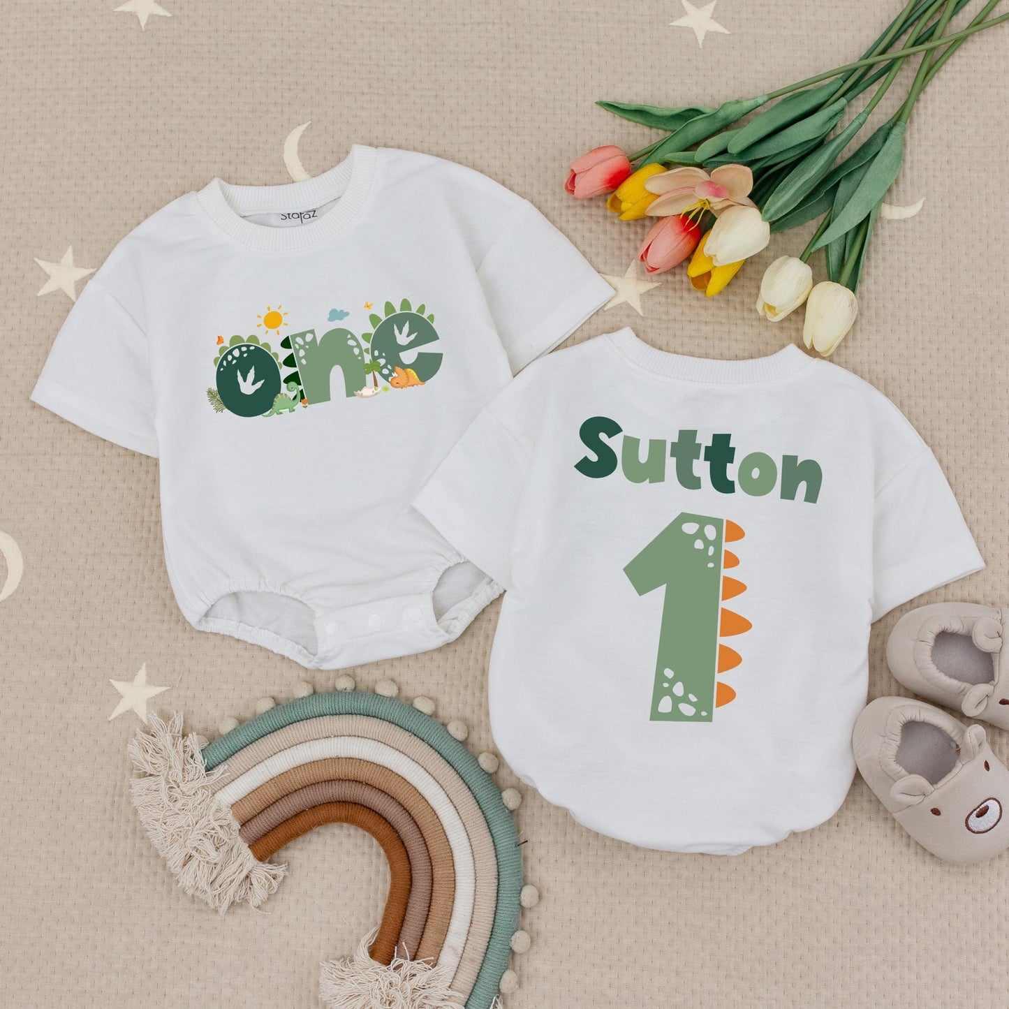 Dinosaur Birthday Baby Romper "ONE" Green Dino Skin Texture with Sun Clouds First Birthday Outfit Toddler