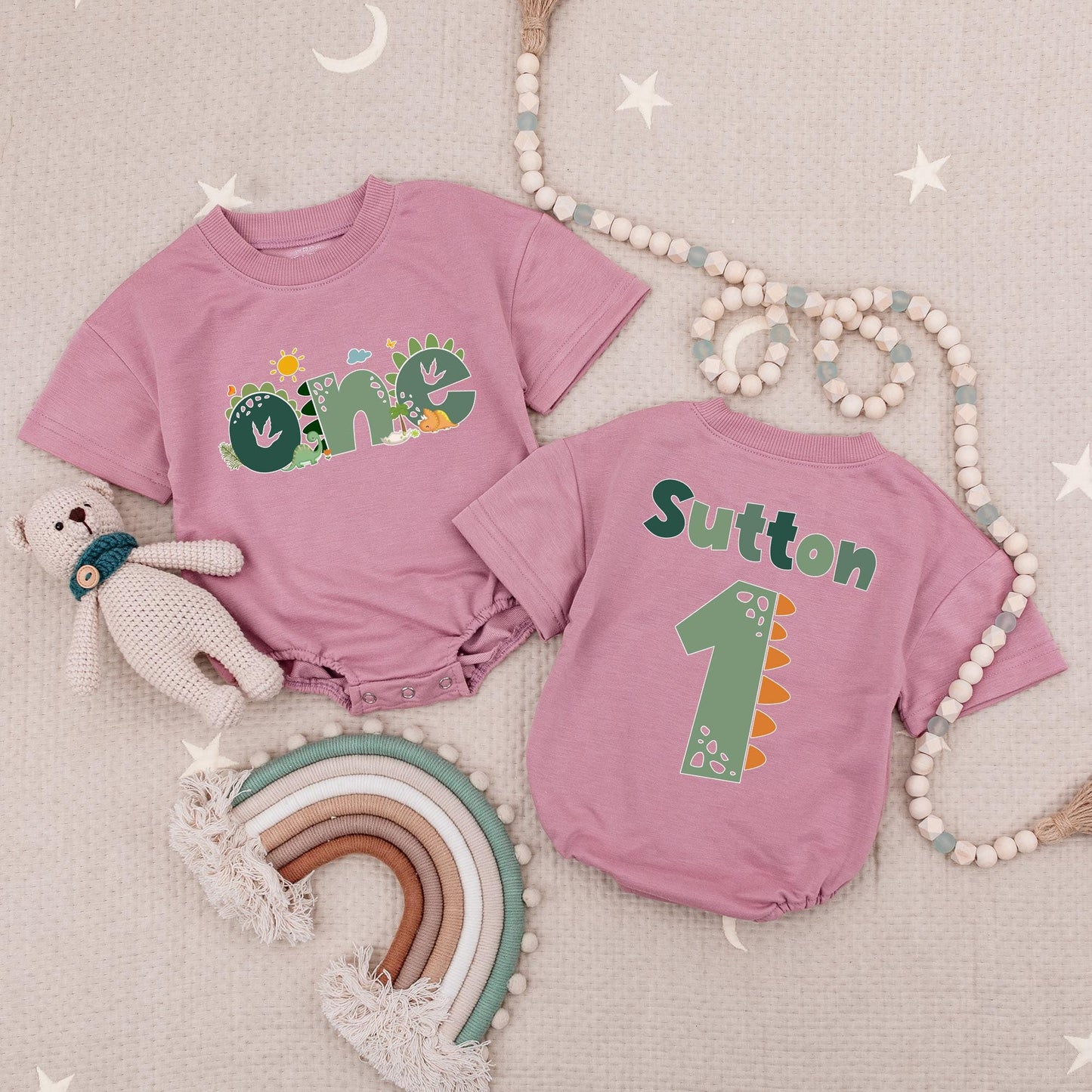 Dinosaur Birthday Baby Romper "ONE" Green Dino Skin Texture with Sun Clouds First Birthday Outfit Toddler