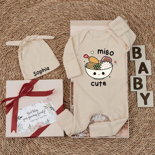 Custom Miso Cute Baby Bodysuit Funny Noodles Ramen Design Newborn Outfit, Japan Foodie Clothes, Cute Baby Shower Gift for Food Lovers