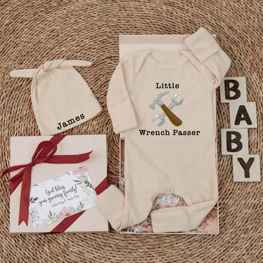 Daddy's Little Helper Baby Bodysuit: Custom Mechanic Outfit, Personalized with Wrench, Car Lover Newborn Clothes, Funny Garage Theme Baby Shower Gift (139 chars)